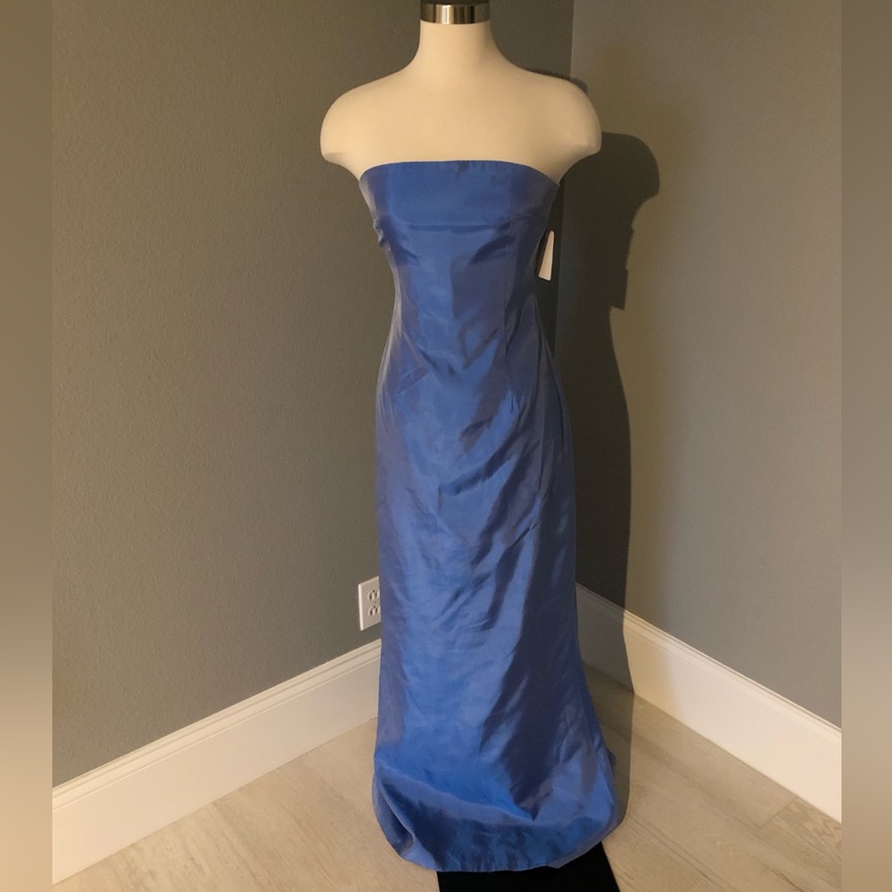 NWT Lawrence Variazioni Iridescent Blue Satin Strapless Long Gown